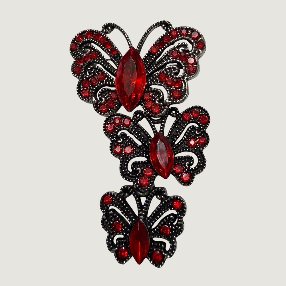 Vintage Style Red Rhinestone Triple Butterfly Dangle Brooch Pin Silver Tone